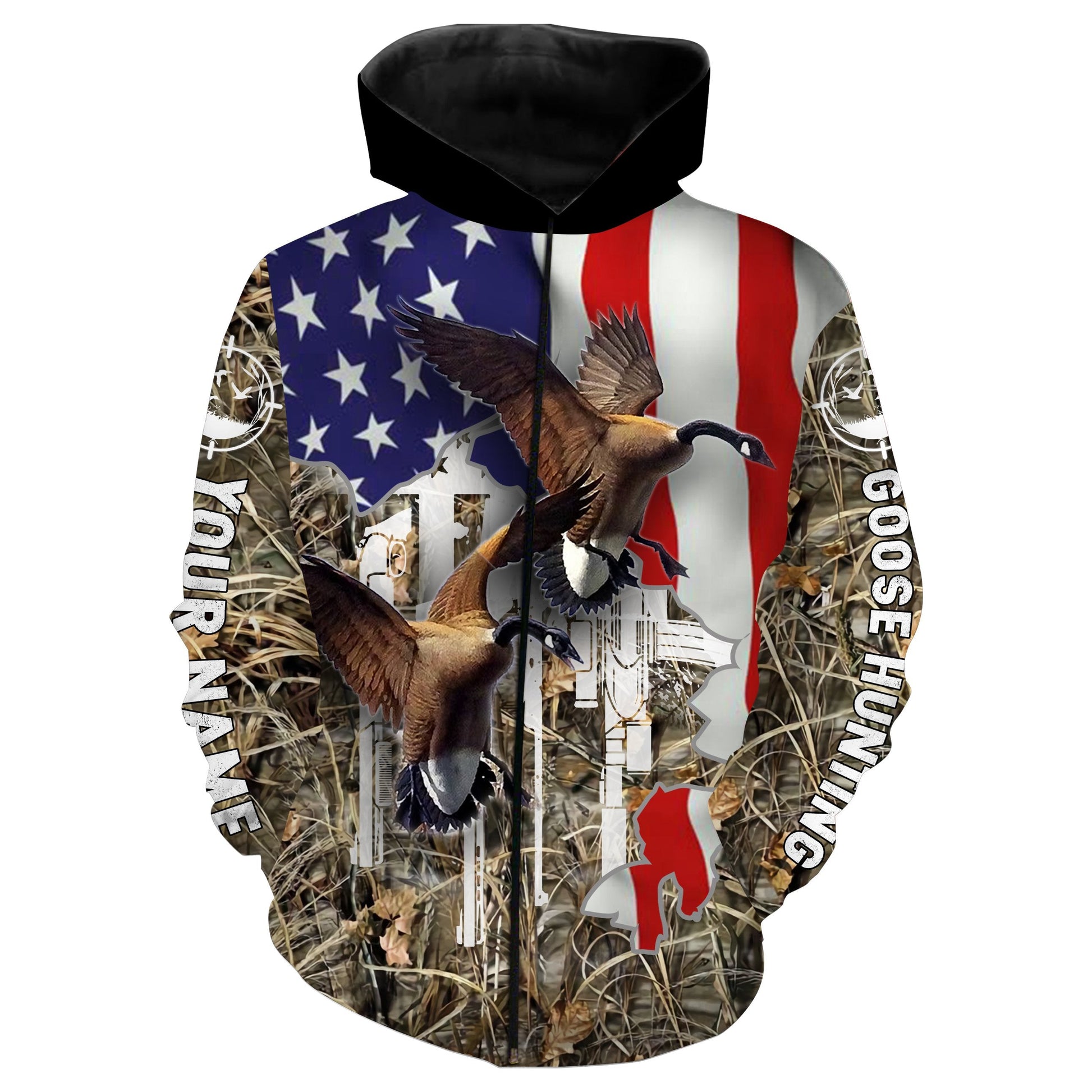 Goose Hunting American Flag Camo Custom Name 3D All Over Print Shirts  Zip Up Hoodie Zip Up Hoodie