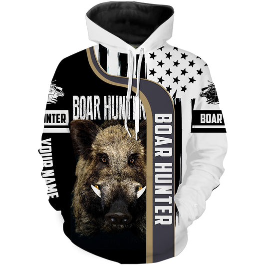 Wild Boar Hunting American Flag Custom Name 3D Full Printing Shirts - Personalized Hunting Gifts FSD1803 Hoodie