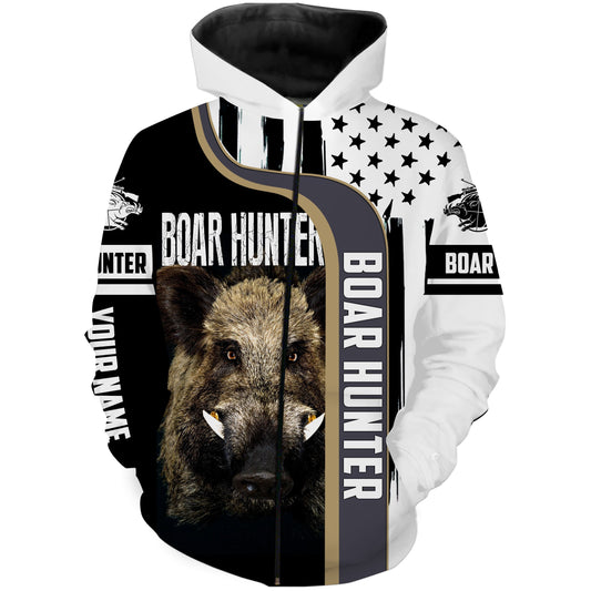 Wild Boar Hunting American Flag Custom Name 3D Full Printing Shirts - Personalized Hunting Gifts FSD1803 Zip up hoodie