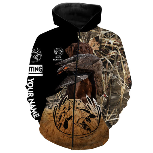 Duck Hunting With Chocolate Labs Custom Name 3D All Over Printed Shirts Zip Up Hoodie Zip Up Hoodie