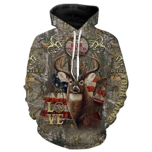 Deer hunting US flag Custom Name 3D All over print Shirt, Hoodie Personalized hunting gift FSD877