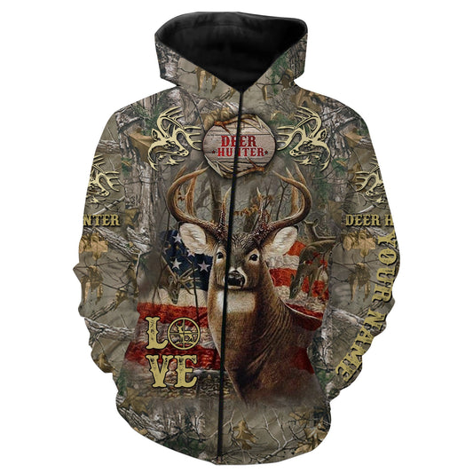 Deer hunting US flag Custom Name 3D All over print Shirt, Hoodie Personalized hunting gift FSD877