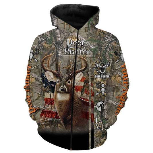 Whitetail Deer hunter American flag Custom Name 3D All over print Shirt Zip up hoodie