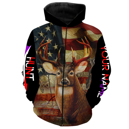 Deer hunting American flag camo Hunt hard custom Name 3D All over print shirts FSD426 Zip up hoodie