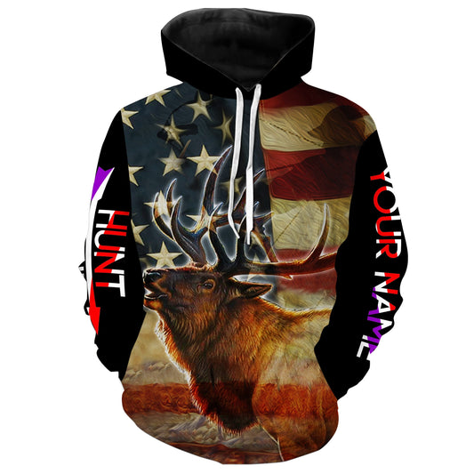 Elk hunting American flag camo Hunt hard custom Name 3D All over print Sweatshirt, Long sleeves, Hoodie FSD632