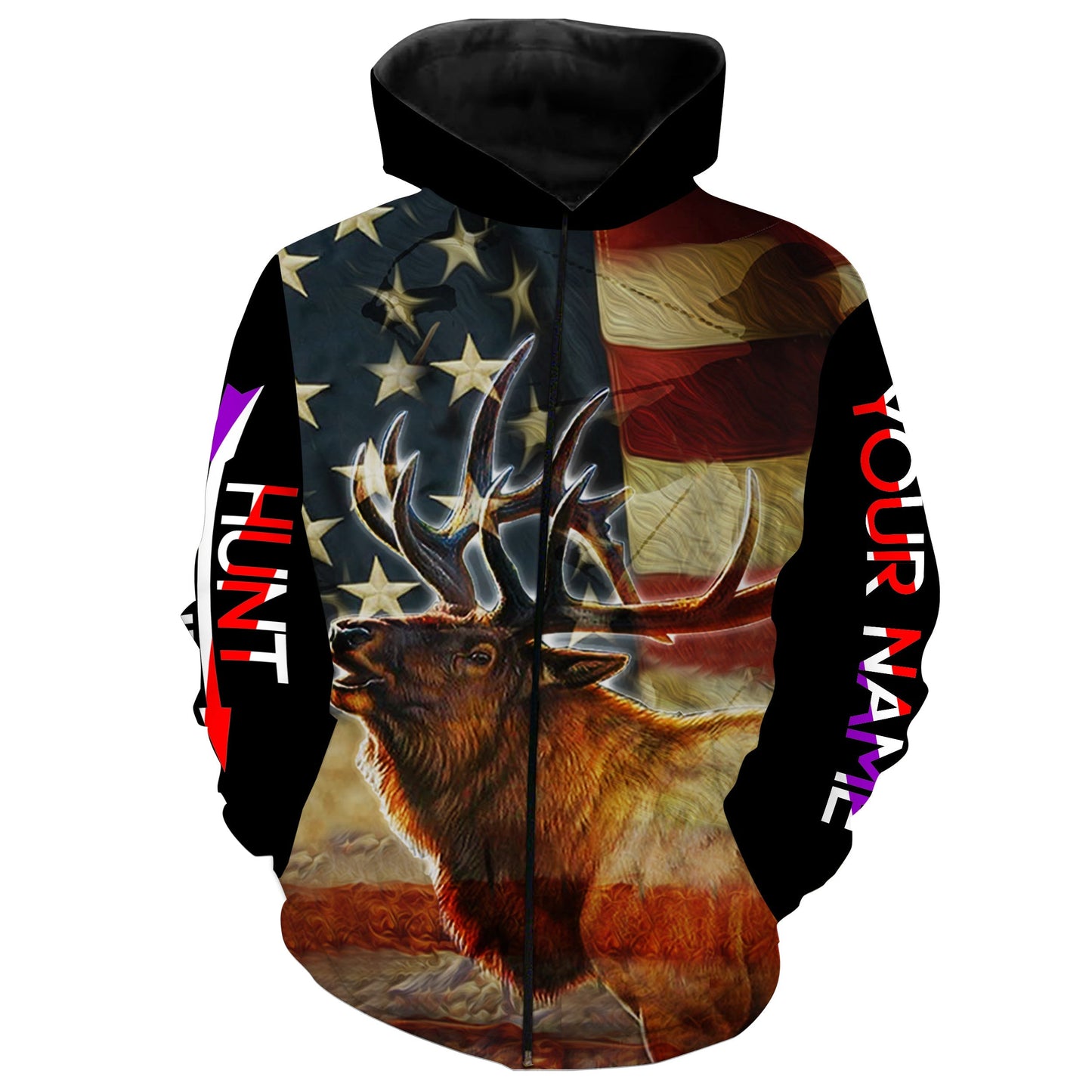 Elk hunting American flag camo Hunt hard custom Name 3D All over print Sweatshirt, Long sleeves, Hoodie FSD632