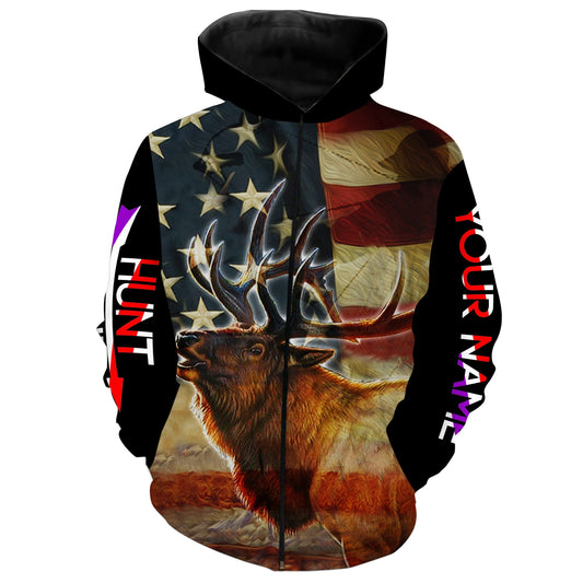 Elk hunting American flag camo Hunt hard custom Name 3D All over print Sweatshirt, Long sleeves, Hoodie FSD632