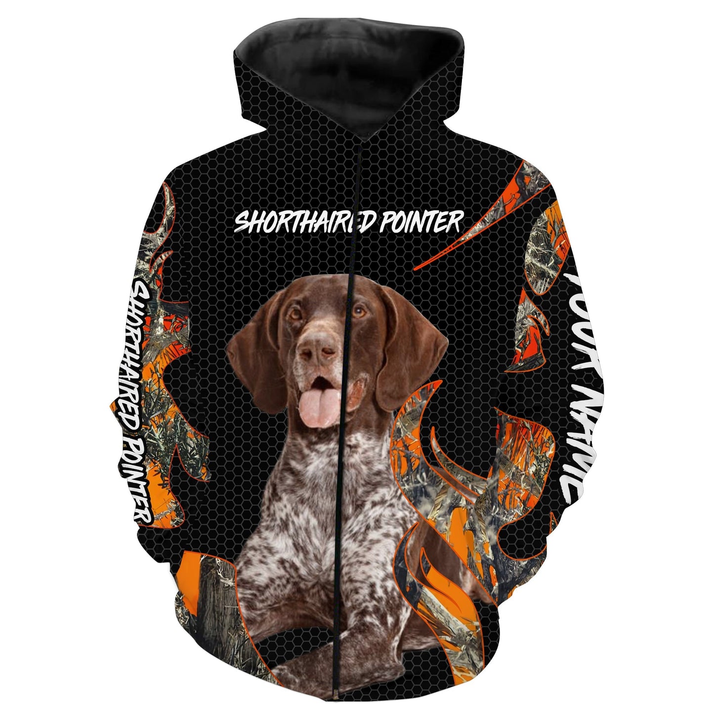 German Shorthaired Pointer Hunting Dog Orange Camo Custom Name 3D All Over Printed Shirts  Zip Up Hoodie Zip Up Hoodie