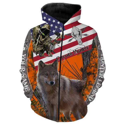 Coyote Hunting Us Flag Orange Camo Custom Name 3D All Over Print Shirt Personalized Hunting Gift Fsd708 Zip Up Hoodie Zip Up Hoodie