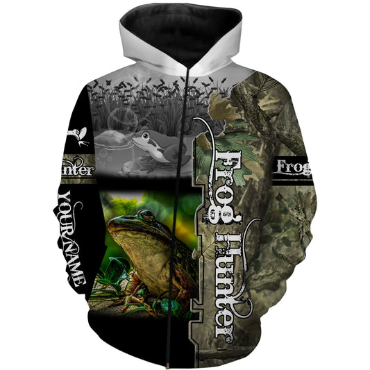 Frog hunting Custom Name 3D All over print shirts - Personalized hunting gift for Men Zip up hoodie