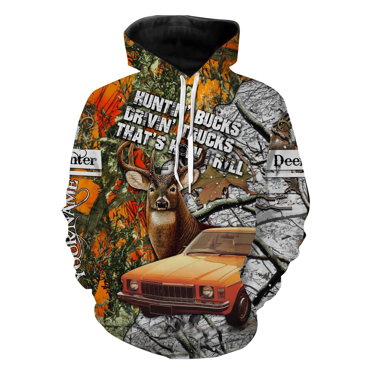 Huntin's Bucks Drivin's Truck That's How I Roll Orange and snow camo Custom Name shirts FSD917