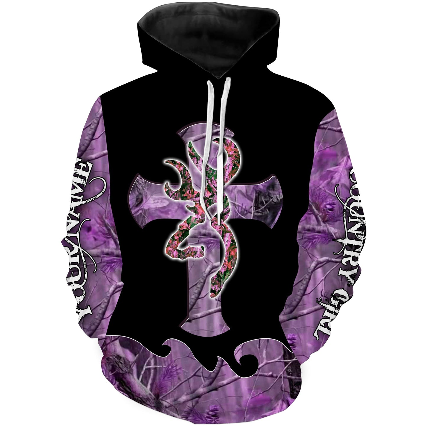 Country girl Deer cross purple camo Custom Name 3D All over print Hoodie