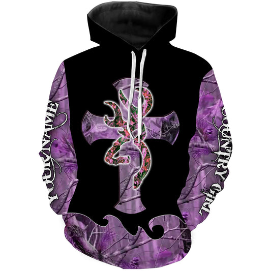 Country girl Deer cross purple camo Custom Name 3D All over print Hoodie