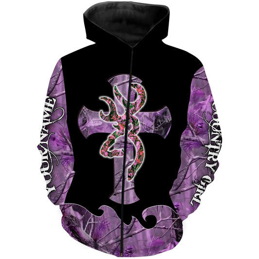 Country girl Deer cross purple camo Custom Name 3D All over print Hoodie