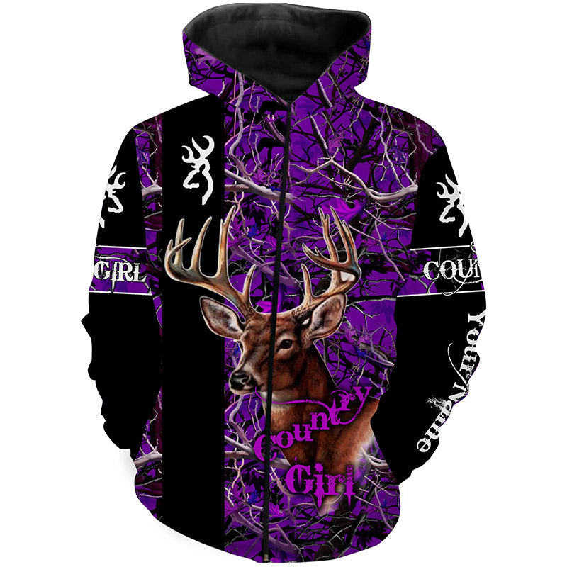 Country Girl Deer Hunting Purple Camo Custom Name 3D All Over Print Shirts  Zip Up Hoodie Zip Up Hoodie