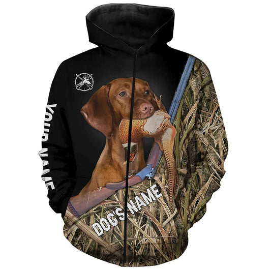 Vizsla Pheasant Hunting Upland Game Dogs Camo Custom Name All Over Print Shirts Zip Up Hoodie Zip Up Hoodie