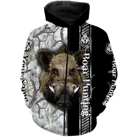 Wild Hog Hunting Winter Snow Camo Custom Name Full Printing Shirt, Hoodie - Personalized Hunting Gifts FSD2664 Zip up hoodie