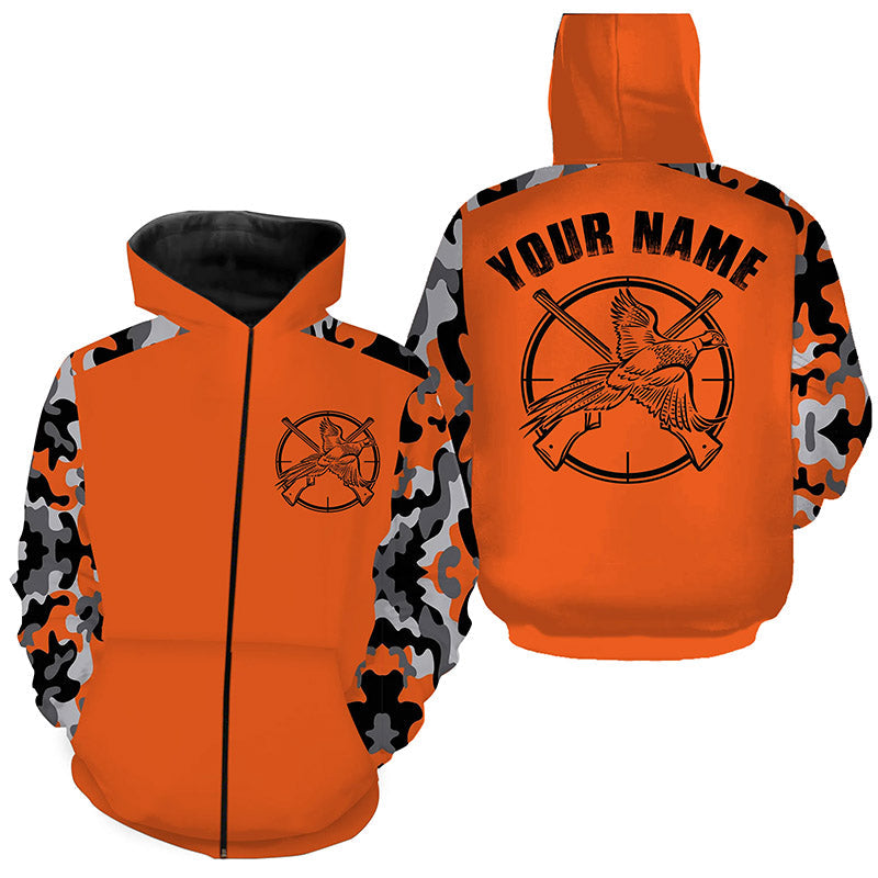 Custom Name Pheasant Hunting Camouflage Orange Performance hunting Shirt, Upland hunting clothing FSD3982 Zip up hoodie