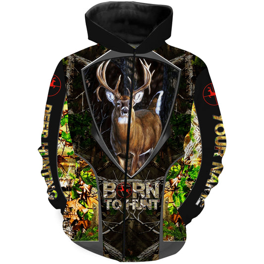 "Born to Hunt" Whitetail Deer Hunting Camo Custom Name 3D All over Print Shirts Zip up hoodie