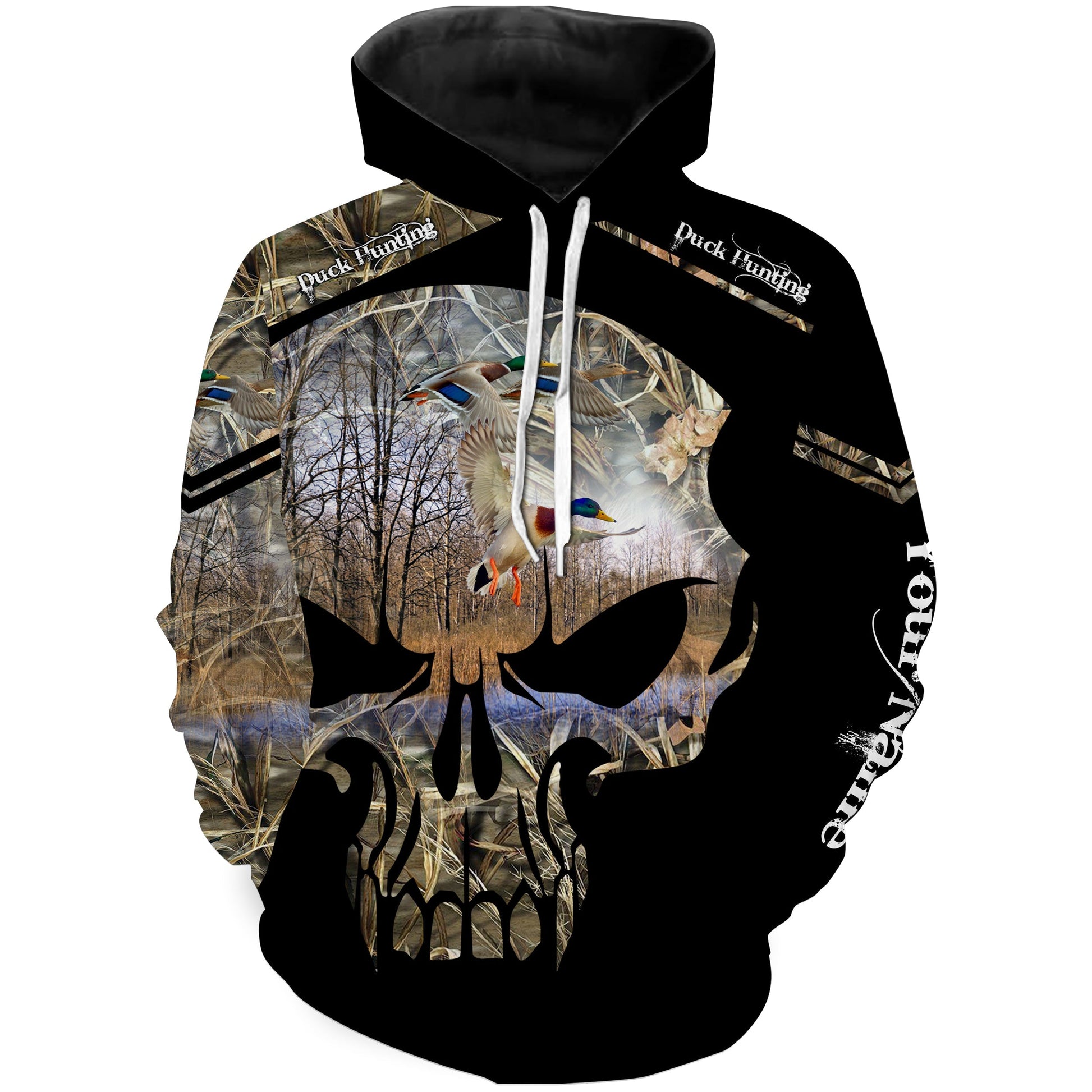 Duck Hunting Waterfowl Camo Skull Custom Name Shirt Hoodie Hoodie