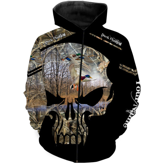 Duck Hunting Waterfowl Camo Skull Custom Name Shirt Zip Up Hoodie Zip Up Hoodie