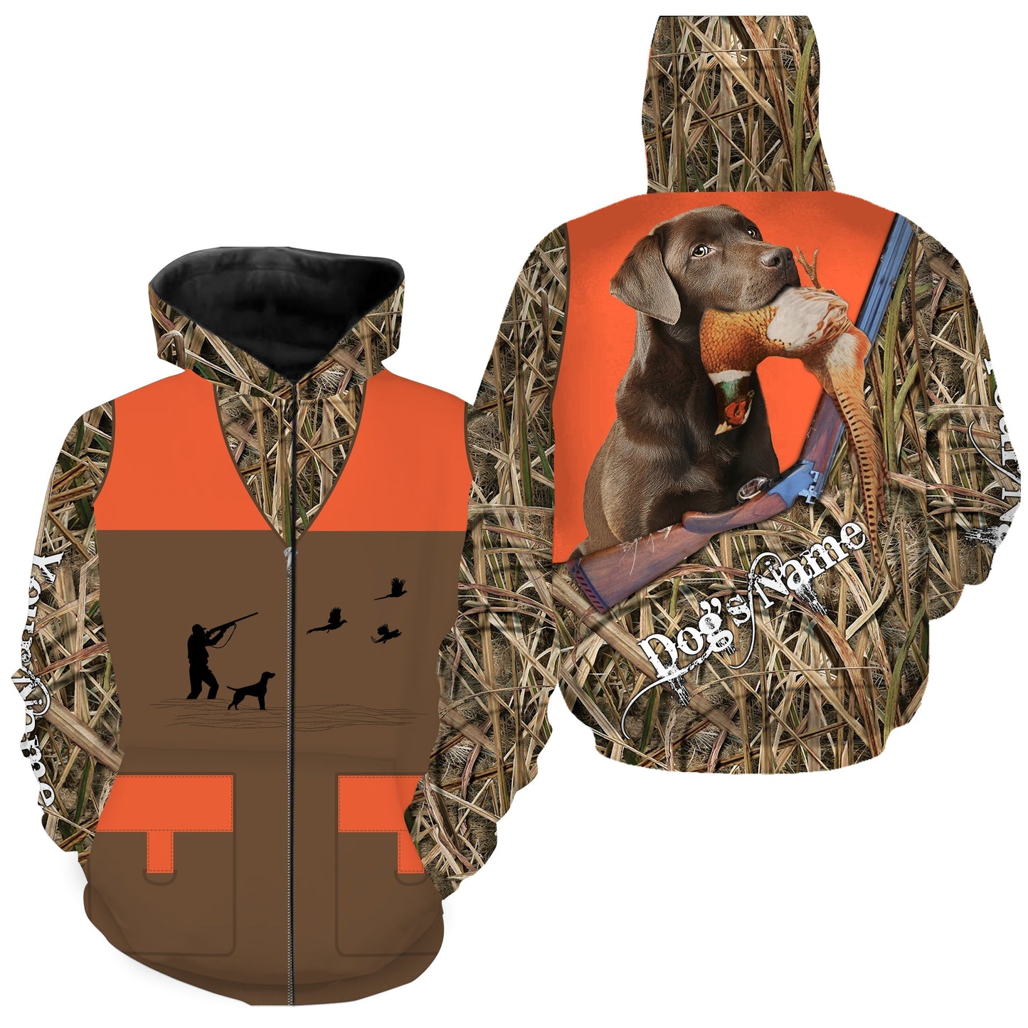 Custom Name chocolate Labrador Retriever Dog Pheasant Upland Hunting Vest shirt for Men FSD3986 Zip up hoodie