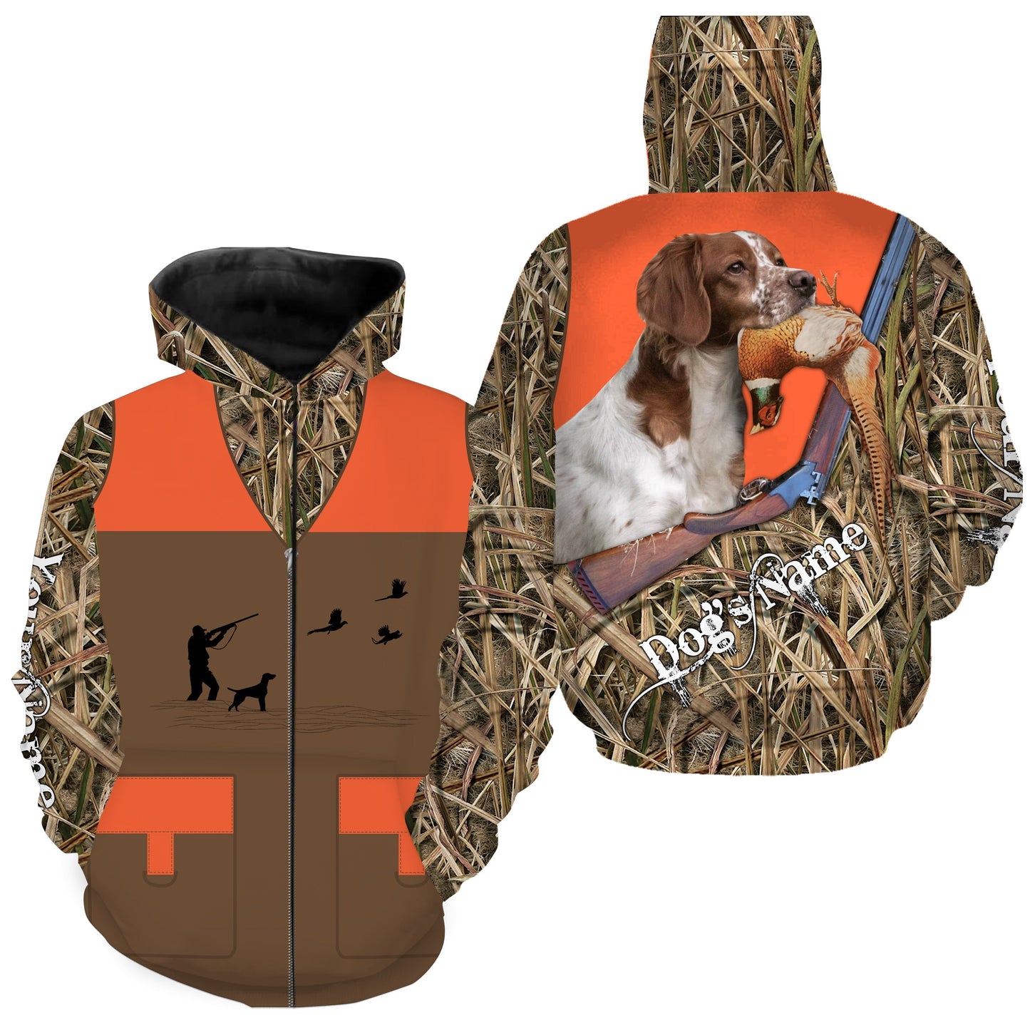 Custom Name Brittany Dog Pheasant Upland Hunting Vest shirt for Men FSD3987 Zip up hoodie