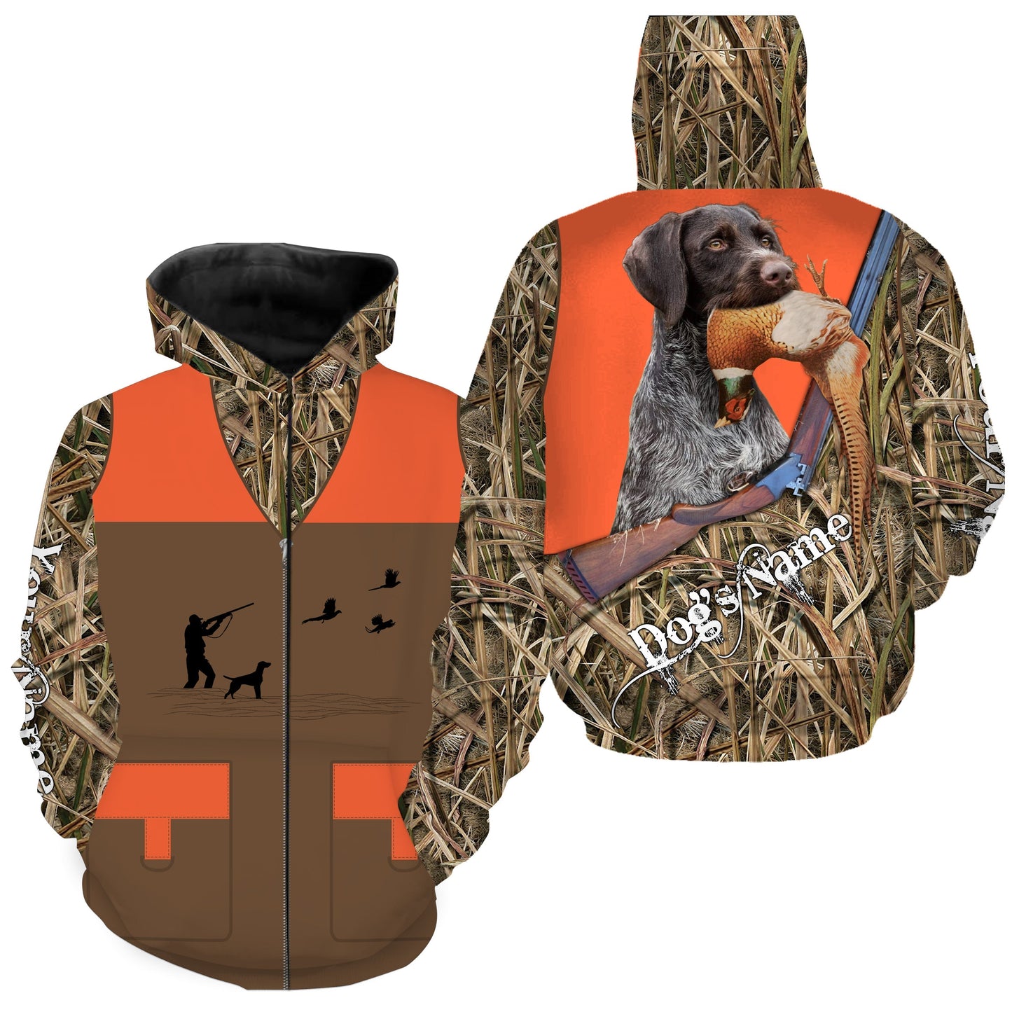 Custom Name German wirehaired pointer Dog Pheasant Upland Hunting Vest shirt for Men FSD3988 Zip up hoodie