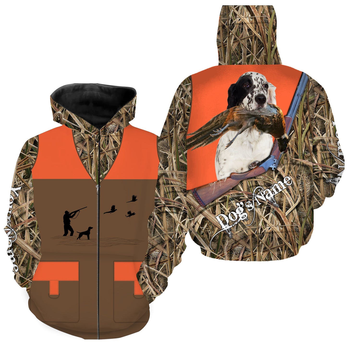 Custom Name English Setter Dog Pheasant Upland Hunting Vest shirt for Men FSD3989 Zip up hoodie