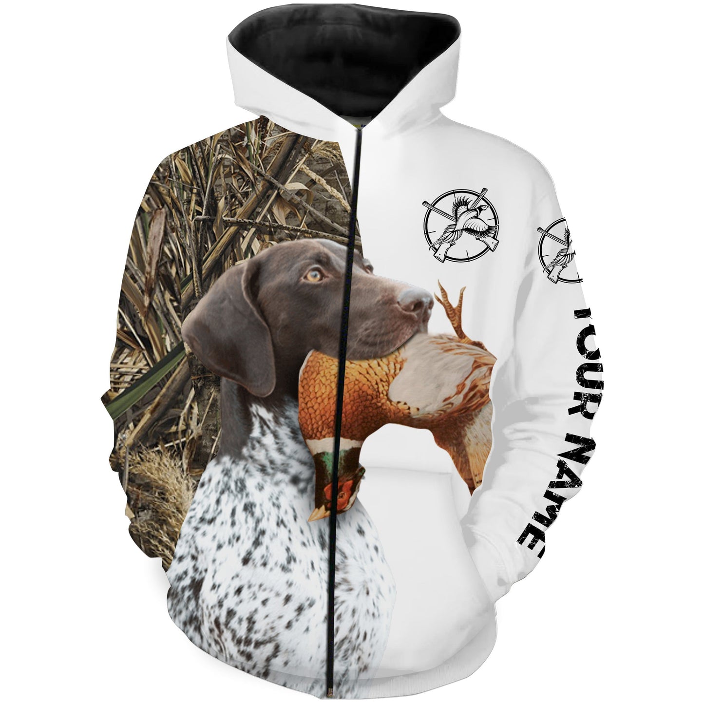 Pheasant Hunting With Dog GSP German Shorthaired Pointer Custom Name All Over Printed Shirts - Personalized Hunting Gift FSD1911 Zip up hoodie