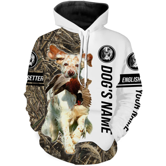 Pheasant Hunting With Llewellin English Setter Dog (Orange Belton) Custom Name Camo Full Printing Shirts Hoodie Hoodie