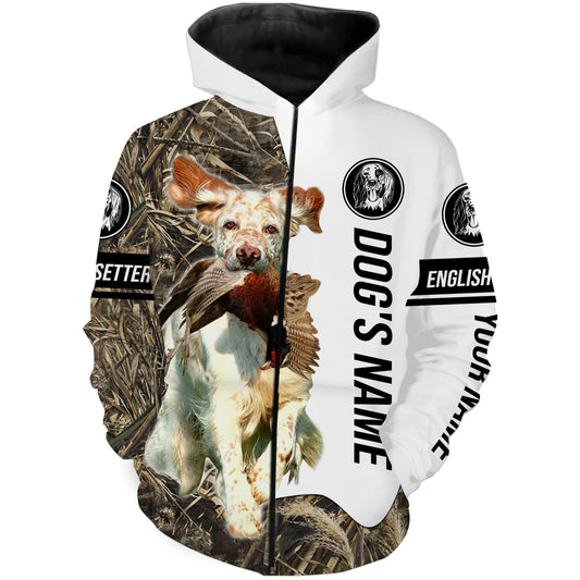 Pheasant Hunting With Llewellin English Setter Dog (Orange Belton) Custom Name Camo Full Printing Shirts Zip Up Hoodie Zip Up Hoodie