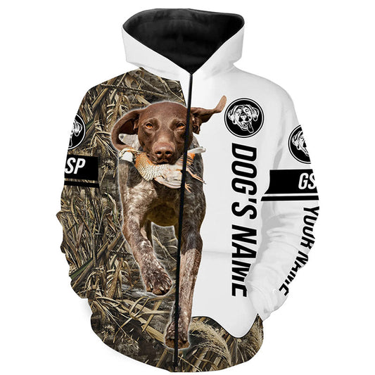 Quail Hunting with German Shorthaired Pointer GSP Custom Name Camo Full Printing Shirts, Hunting Gifts FSD3606