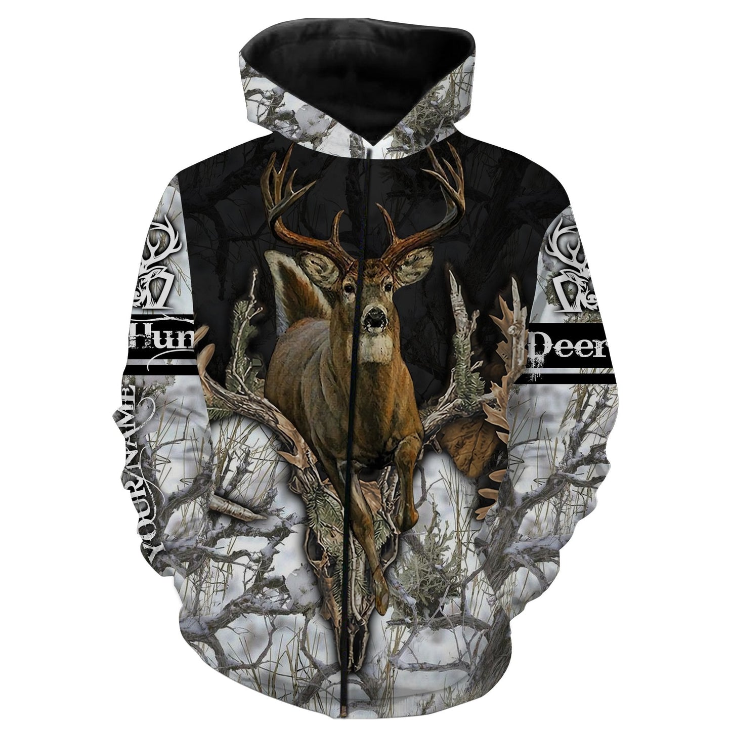 Whitetail deer hunting Big Game Snow camo Winter Deer Hunting Custom Name 3D full printing Shirts - FSD2707 Zip up hoodie