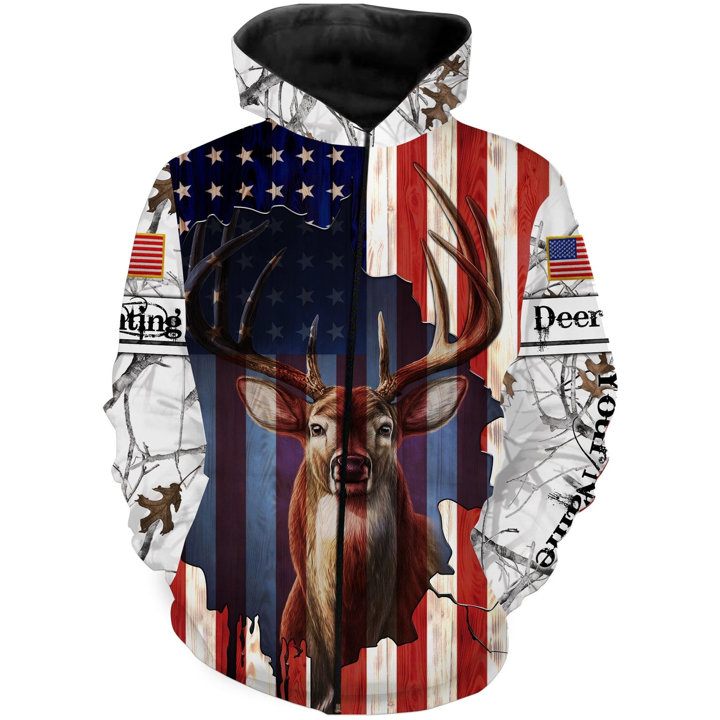 USA American Flag Whitetail Deer Buck Shirts For Men, Women and Kid - Patriotic Deer Hunting Customized Name Gifts - FSD2708 Zip up hoodie