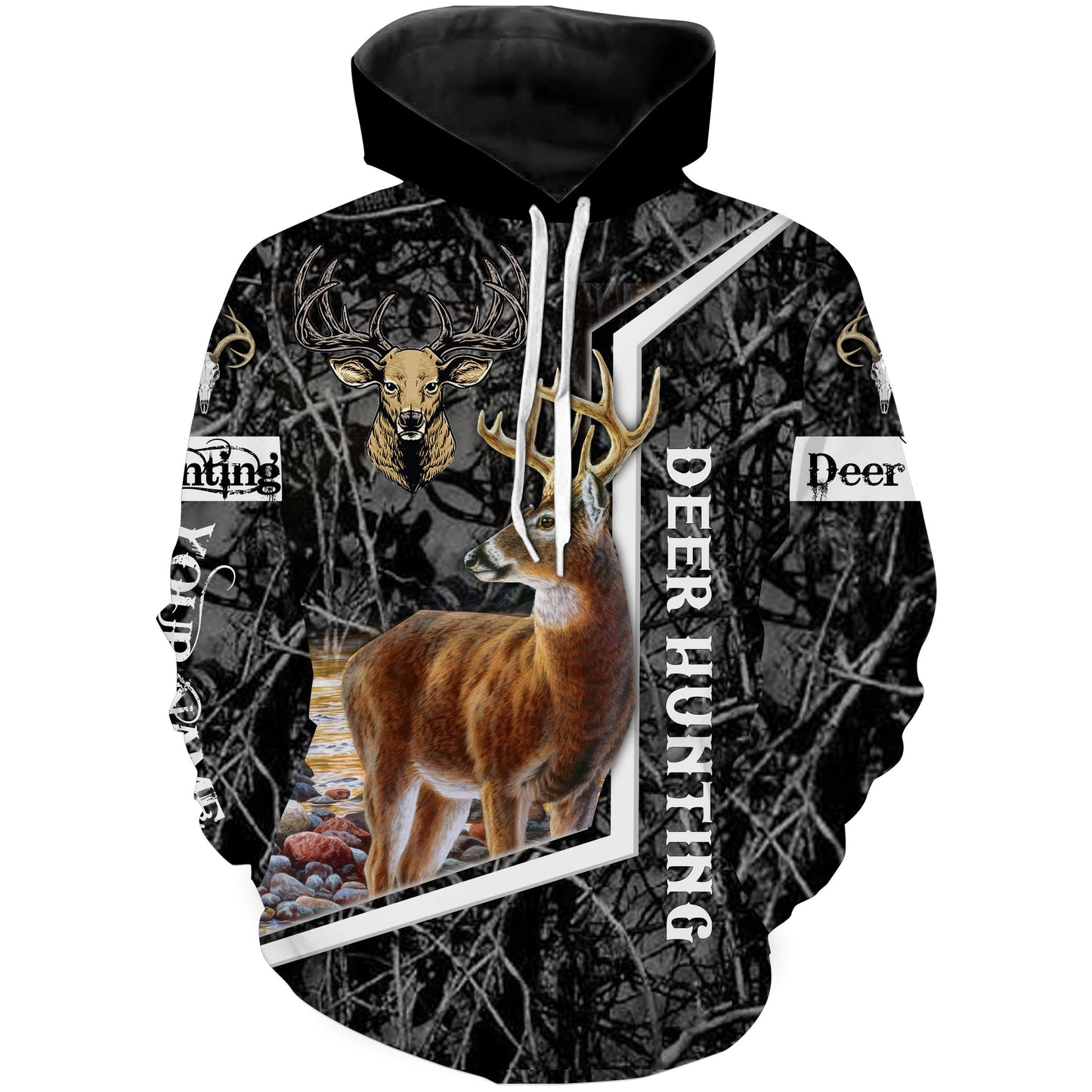 White-tailed deer hunting black camo Custom Name 3D All over print shirts - personalized hunting gifts - FSD231 Hoodie