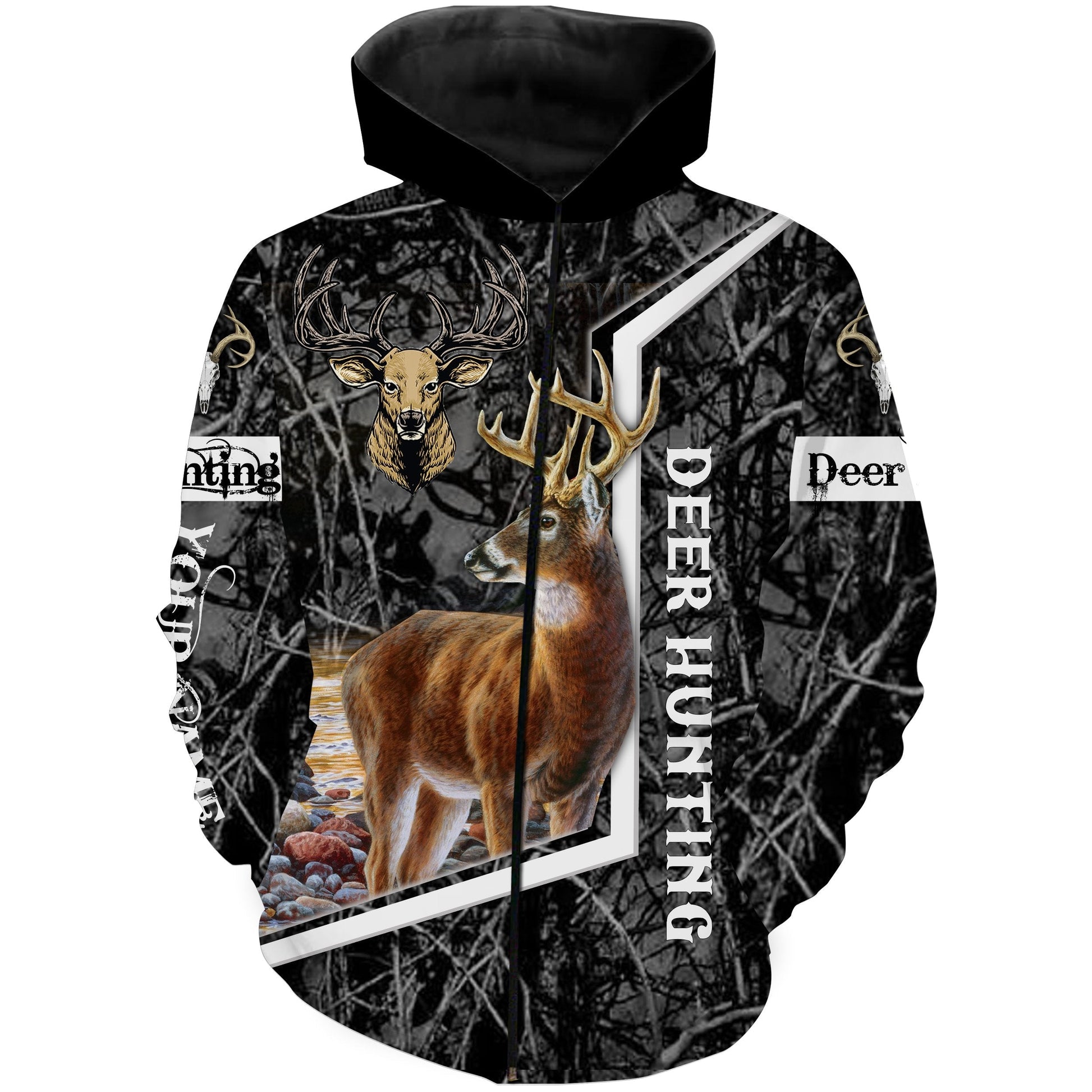 White-tailed deer hunting black camo Custom Name 3D All over print shirts - personalized hunting gifts - FSD231 Zip up hoodie