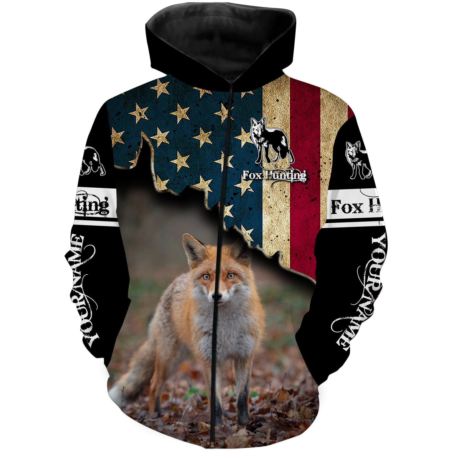 Fox Hunting American Flag Red Fox Predator Hunt Custom Name All Over Print Shirt Zip Up Hoodie Zip Up Hoodie