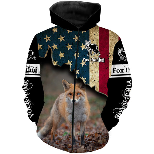 Fox Hunting American Flag Red Fox Predator Hunt Custom Name All Over Print Shirt Zip Up Hoodie Zip Up Hoodie