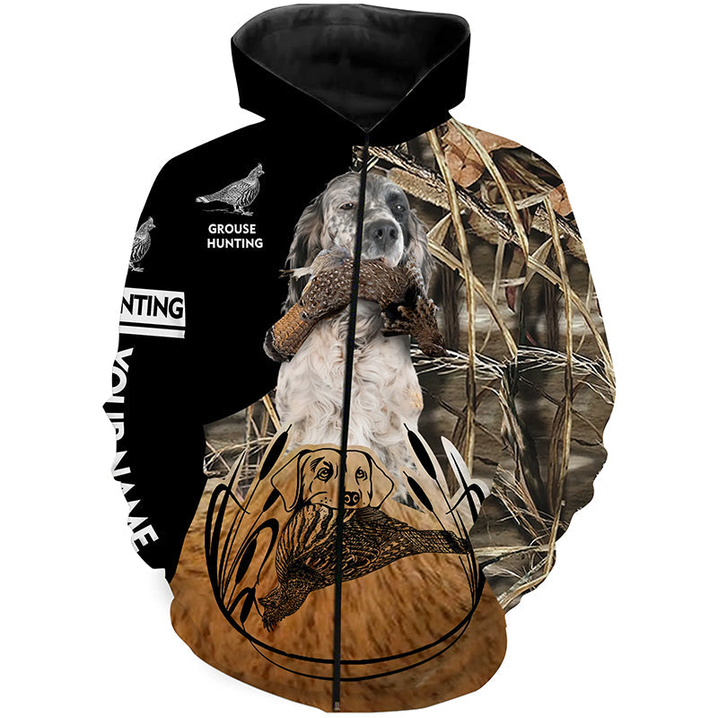 Ruffed Grouse Hunting With English Setter Dog Custom Name 3D All Over Print Shirts Zip Up Hoodie Zip Up Hoodie