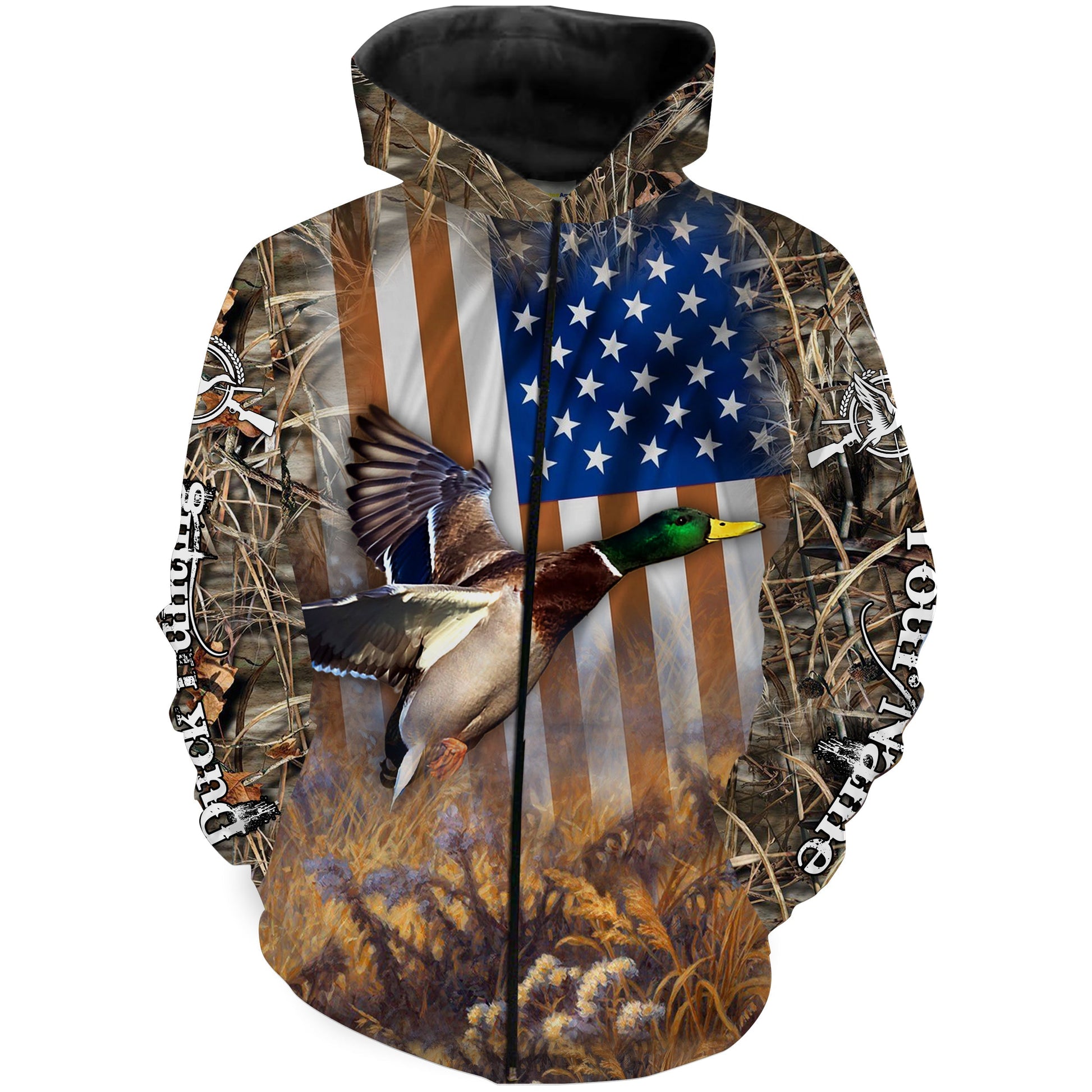 Mallard Duck Hunting American Flag Waterfowl Camo Custom Name 3D All Over Printed Shirts Personalized Duck Hunting Gift Fsd2114 Zip Up Hoodie Zip Up Hoodie