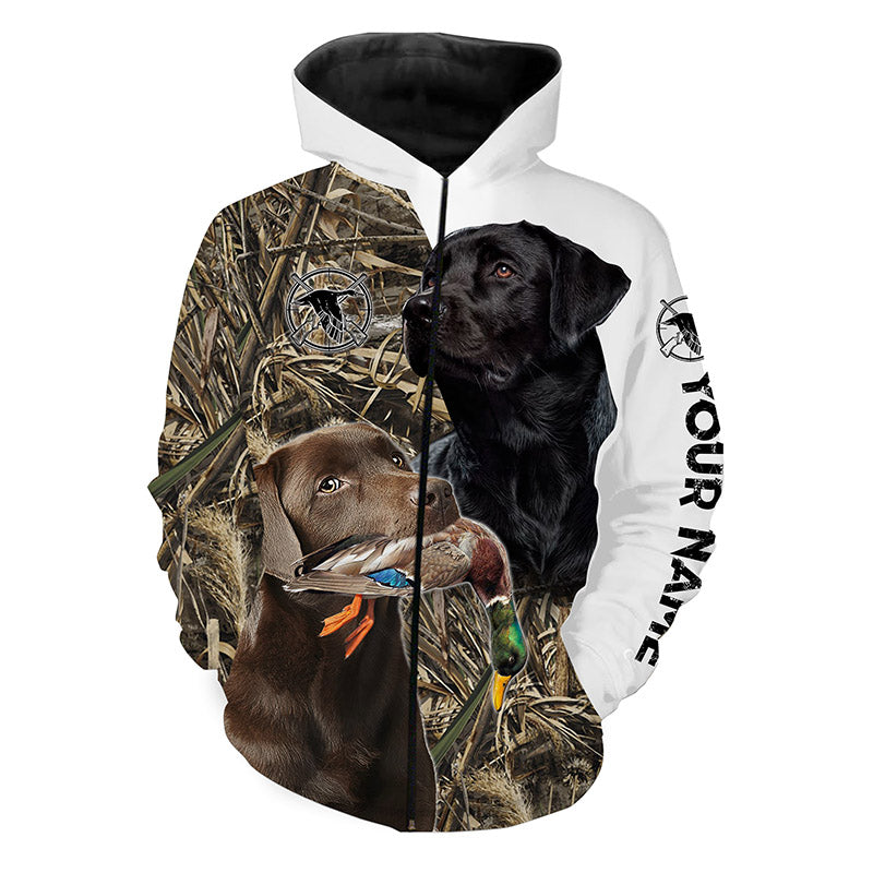 Duck Hunting Dogs Black And Chocolate Labs Waterfowl Camo Customized Name 3D All Over Printed Shirts Fsd3395 Zip Up Hoodie Zip Up Hoodie