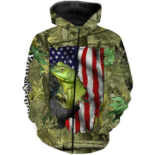 Bullfrog Hunting American Flag Camo Custom Name All over Printed Shirts Frog Catching - FSD2269