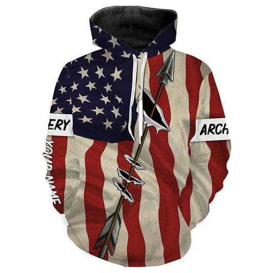 Archery Bow Hunting American Flag Custom Name 3D All Over Printed Shirts  Hoodie Hoodie