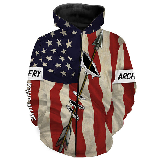 Archery Bow Hunting American Flag Custom Name 3D All Over Printed Shirts  Zip Up Hoodie Zip Up Hoodie