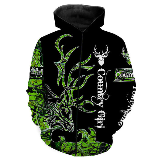 Country Girl Deer Hunting Green Camo Custom Name All Over Print Shirts, Girl Hunting Apparel FSD3545