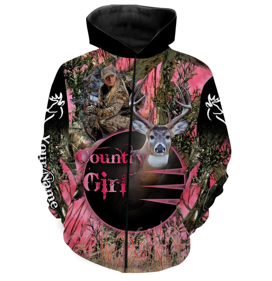 Country Girl Deer Hunting Women Pink Camouflage Shirt Custom Name 3D All Over Printed Shirt Fsd657 Zip Up Hoodie Zip Up Hoodie