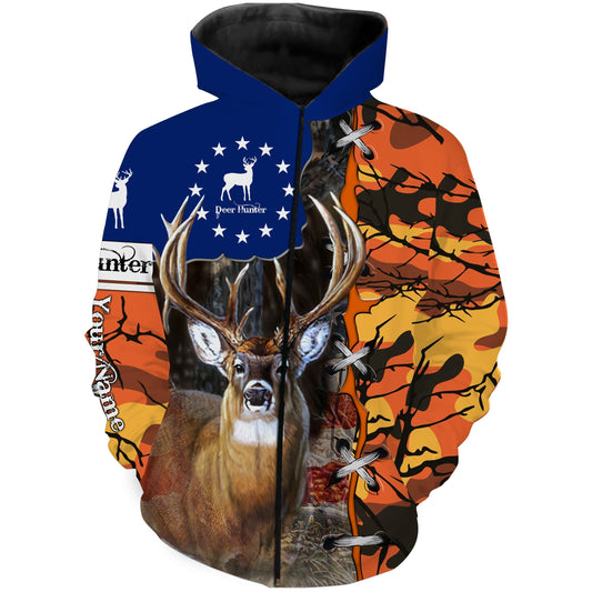 White-tailed Deer hunting Orange tree camo Custom Name 3D All over print Shirts, Deer Hunters Gifts Shirt FSD3118 Zip up hoodie