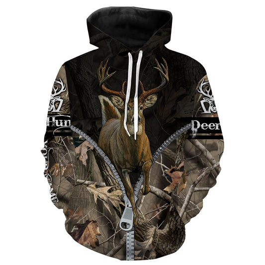 Deer Hunting Camo Buck Jumping Zipper Custom Name 3D All Over Printed Shirts Hoodie Hoodie