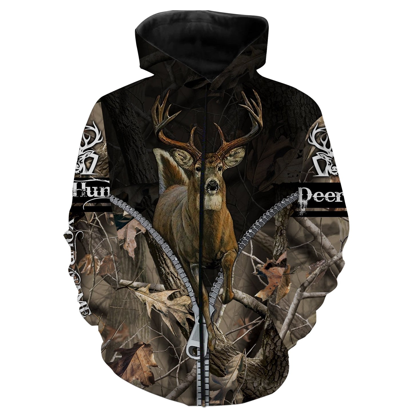 Deer Hunting Camo Buck Jumping Zipper Custom Name 3D All Over Printed Shirts Zip Up Hoodie Zip Up Hoodie